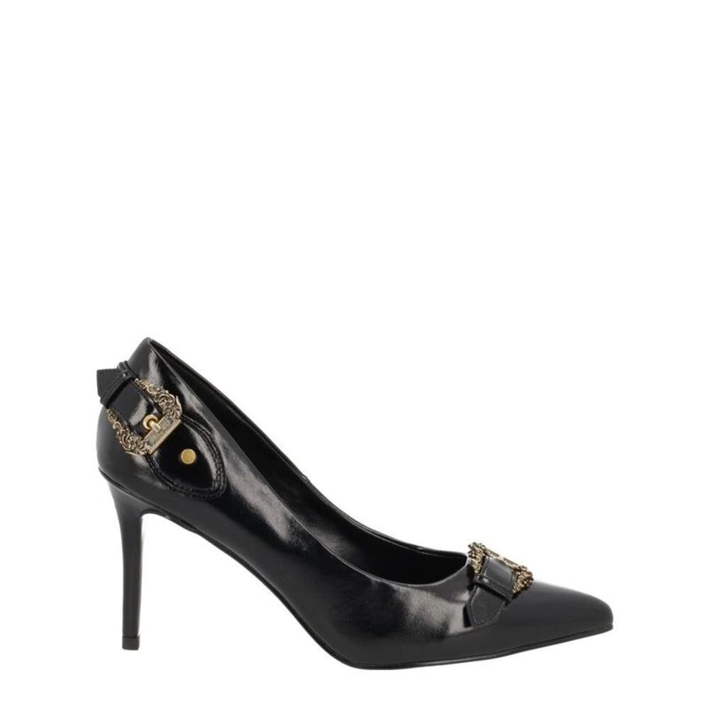 VERSACE JEANS COUTURE Black Leather Pointed Toe Pumps with Buckle Detail Women